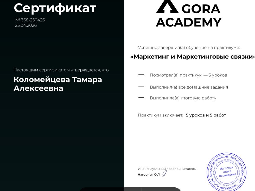 Сертификат Gora Academy Маркетинг