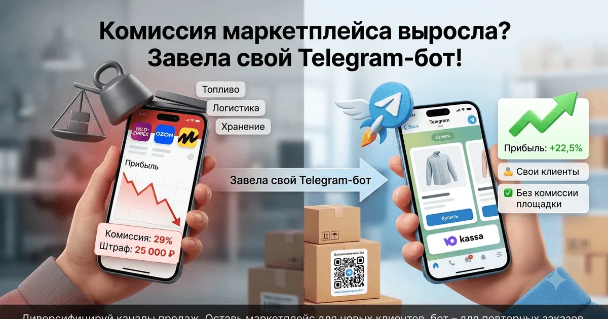 Сравнение: комиссия маркетплейса съедает прибыль слева, справа — свой Telegram-бот с прямыми заказами и прибылью +22,5%